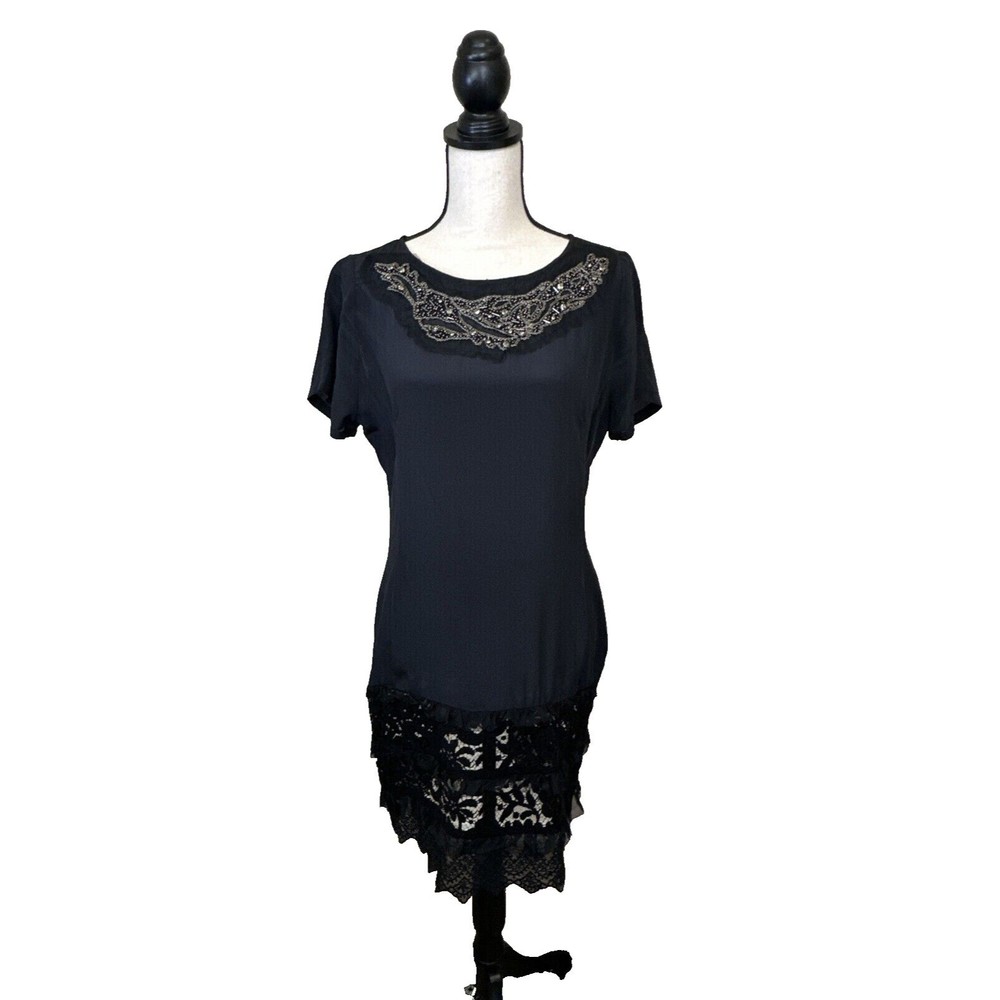 Johnny Was 4 Love and Liberty Black Silk Bead & Lace Embellished Dress Size S